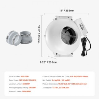 VEVOR Αθόρυβος Ανεμιστήρας Ραδονίου 380CFM 4-4.5 Αδιάβροχος DFSDJ... VEVOR Αθόρυβος Ανεμιστήρας Ραδονίου 380CFM 4-4.5 Αδιάβροχος DFSDJ...