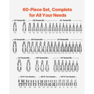 VEVOR Σετ Καρυδάκια Torx Εξωτερικά 60 Τεμαχίων S2 Κράμα Χάλυβα Cr-V... VEVOR Σετ Καρυδάκια Torx Εξωτερικά 60 Τεμαχίων S2 Κράμα Χάλυβα Cr-V...