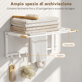 HOMCOM Αναδιπλούμενη Κρεμάστρα Τοίχου για Πετσέτες με 5 Ράβδους και...