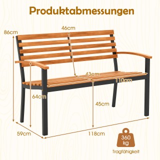 Costway Διθέσιο παγκάκι κήπου από ξύλο ακακίας με μπράτσα και μεταλ...