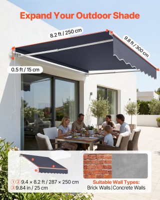 VEVOR Χειροκίνητη αναδιπλούμενη τέντα 300 x 250 εκ. για μπαλκόνι κα...