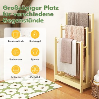 Costway Ξύλινη Επιδαπέδια Πετσετοθήκη με 3 Ράβδους για Πετσέτες & Κ...