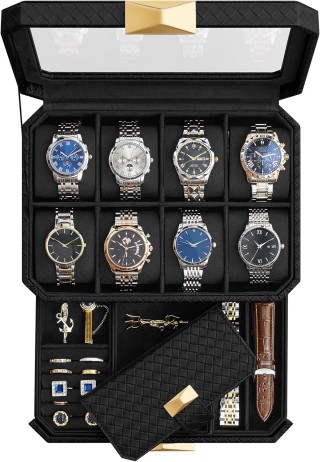 Κουτί Ρολογιών 8 Θέσεων 2 Επίπεδα με Καπάκι και Θήκη Ταξιδίου 19.5 ...