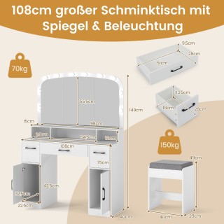 Costway Σετ Καλλωπισμού με Καθρέφτη LED 3 Χρωμάτων & Σκαμπό108 x 40...