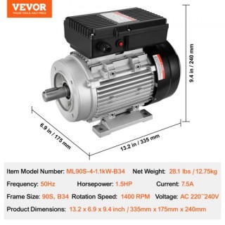 VEVOR 1.1KW Ηλεκτρικός Κινητήρας 1400RPM AC 220~240V 7.5A 1-Φάση 24...