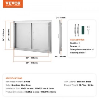 Πόρτα BBQ VEVOR 915x610mm Ανοξείδωτη Διπλή για Εξωτερική Κουζίνα S... Πόρτα BBQ VEVOR 915x610mm Ανοξείδωτη Διπλή για Εξωτερική Κουζίνα S...