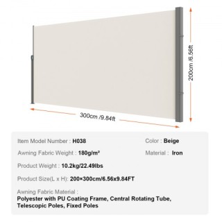 VEVOR Αναδιπλούμενη Πλευρική Τέντα 79x 118, Μπεζ KSSCP200X3001SM6GV0 VEVOR Αναδιπλούμενη Πλευρική Τέντα 79x 118, Μπεζ KSSCP200X3001SM6GV0