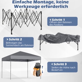 Costway  Κιόσκι 3x3 μ. με Τσάντα Μεταφοράς & UV50+ Ρυθμιζόμενο, Γκρ...