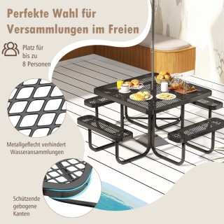 Costway Τετράγωνο Μεταλλικό Πικνίκ Τραπέζι με 4 Πάγκους και Οπή Ομπ...