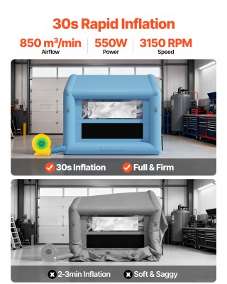 VEVOR Φουσκωτός Θάλαμος Βαφής 3x2.5x2.5m με Ισχυρό Φυσητήρα 550W κα...
