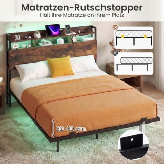 Costway Διπλό κρεβάτι με κεφαλάρι LED, σταθμό φόρτισης, αποθηκευτικ...