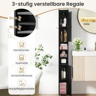 Costway Υψηλό Μαύρο Λεπτό Μπάνιου Ντουλάπι με Ρυθμιζόμενα Ράφια JV1...