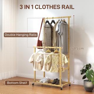 HOMCOM Κρεμάστρα με 2 Ράβδους, Κάτω Ράφι και 4 Ρόδες από Μπαμπού, 8...