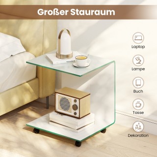 Costway Λευκός Τραπεζάκι C-Σχήμα από Σκληρυμένο Γυαλί με Ρόδες - Ιδ...