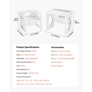 VEVOR Σετ Τραπεζιού και Καρέκλας Montessori για Παιδιά - Λευκό ETDN...