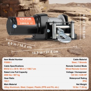 Ηλεκτρικό Βίντσι VEVOR 2000 lb Ατσάλινο Καλώδιο IP55 Αδιάβροχο με Ε...