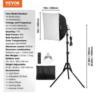 VEVOR Κιτ Φωτισμού Softbox 16x16, ρυθμιζόμενο 3000-6500K για λήψει... VEVOR Κιτ Φωτισμού Softbox 16x16, ρυθμιζόμενο 3000-6500K για λήψει...