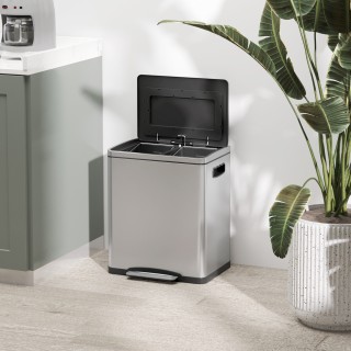 HOMCOM Κάδος Απορριμμάτων με 2 Διαμερίσματα 15L με Πεντάλ και Αθόρυ...