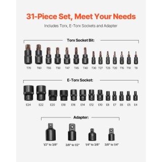 VEVOR Σετ Καρυδάκια Torx και Εξωτερικά Torx 31 Τεμαχίων T8-T70 και ...