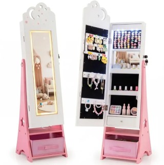 Costway Λευκός Παιδικός Όρθιος Οργανωτής Κοσμημάτων με Φωτισμό και ...
