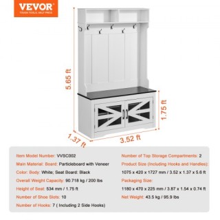 VEVOR Ξύλινη Κρεμάστρα με Πάγκο και 7 Γάντζους για Είσοδο MZDGNYM... VEVOR Ξύλινη Κρεμάστρα με Πάγκο και 7 Γάντζους για Είσοδο MZDGNYM...