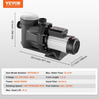Αντλία Πισίνας VEVOR 2HP Διπλής Ταχύτητας SSYCB5520GPH5XDACV2 Αντλία Πισίνας VEVOR 2HP Διπλής Ταχύτητας SSYCB5520GPH5XDACV2