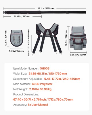 VEVOR Ζώνη Εργαλείων με 22 Θήκες και Ρυθμιζόμενους Τιράντες για Εργ...