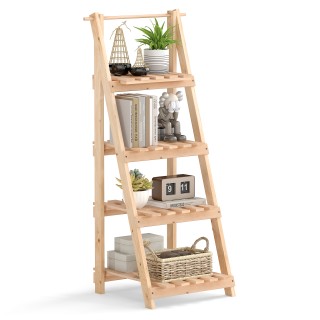 Costway Φυσική Αναδιπλούμενη Σκάλα-Ράφι με 4 Ράφια από Ξύλο Έλατου ...