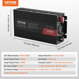 VEVOR Καθαρός Ημιτονοειδής Μετατροπέας 1000W DC12V σε AC230V με Τηλ... VEVOR Καθαρός Ημιτονοειδής Μετατροπέας 1000W DC12V σε AC230V με Τηλ...