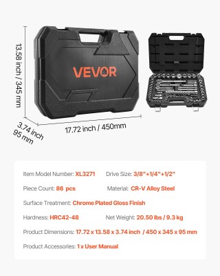 VEVOR Σετ Καρυδάκια 86 Τεμαχίων, 9.5 & 6.4 & 12.7 mm, SAE & Μετρικό... VEVOR Σετ Καρυδάκια 86 Τεμαχίων, 9.5 & 6.4 & 12.7 mm, SAE & Μετρικό...