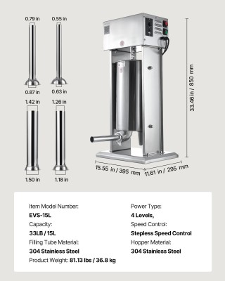 VEVOR Ηλεκτρική Γεμιστική Λουκάνικων 33LB/15L με Ρυθμιζόμενη Ταχύτη...