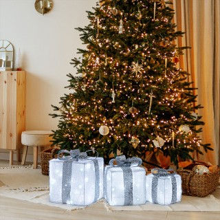 BAKAJI  Σετ 3 Φωτεινά Πακέτα Δώρων Χριστουγέννων Λευκό και Ασημί Εσ...