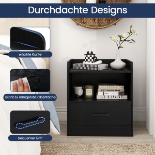 Costway Μαύρο Κομοδίνο με LED Φωτισμό και Ανοιχτό Ράφι και Συρτάρι ...