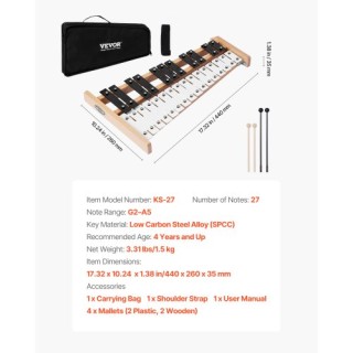 VEVOR Ξυλόφωνο Glockenspiel 27 Νότων με Μεταλλικά Πλήκτρα με 4 Μπαγ...