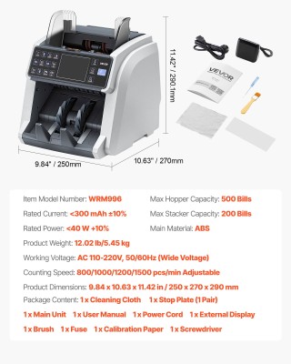 VEVOR Μηχανή Καταμέτρησης Χρημάτων με Ανίχνευση Πλαστών και Υποστήρ...