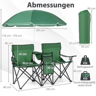 Costway Διθέσια Καρέκλα Κάμπινγκ με Ομπρέλα - Πτυσσόμενη Καρέκλα Ψα...