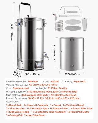 VEVOR Ηλεκτρικό Σύστημα Ζυθοποίησης 60L - Ολοκληρωμένη Συσκευή Παρα...
