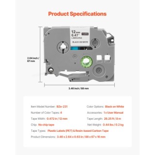 VEVOR Συσκευασία Ταινιών Ετικετογράφου 4 Τεμαχίων 12 mm Μαύρο σε Λε...