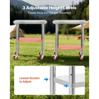 VEVOR Ανοξείδωτο Τραπέζι Εργασίας 60 x 76 cm με Ρόδες και Ρυθμιζόμε...