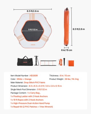 VEVOR Φουσκωτή Πλωτή Πλατφόρμα 2,6x2,6μ με Αντιολισθητική Επιφάνεια...