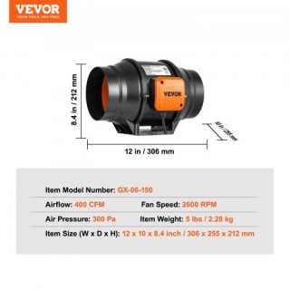 VEVOR  Κιτ Ανεμιστήρα Αγωγού 152.4mm με Έλεγχο Ταχύτητας AC XLGDFJY...
