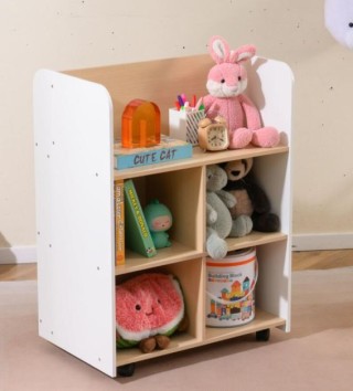 Costway Τριώροφο Παιδικό Βιβλιοστάσιο με Ρόδες Διπλής Όψης & Αποθηκ...