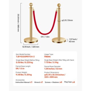 VEVOR 4 Χρυσά Σταντ με 2 Κόκκινα Βελούδινα Σχοινιά και Βάση για Άμμ...