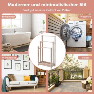 Costway Ξύλινη Ελεύθερη Βάση Πετσετών με 3 Ράβδους & Κάτω Ράφι & Πρ...