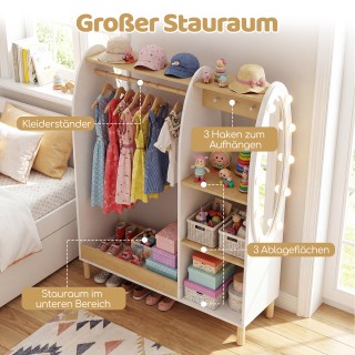 Costway Λευκή παιδική ντουλάπα με φωτισμό, καθρέφτη, ράγα ρούχων, ρ...