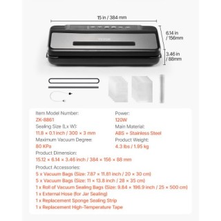 VEVOR Συσκευή Σφράγισης Κενού 7-σε-1 Αυτόματη 120W με Σακούλες & Ρο...