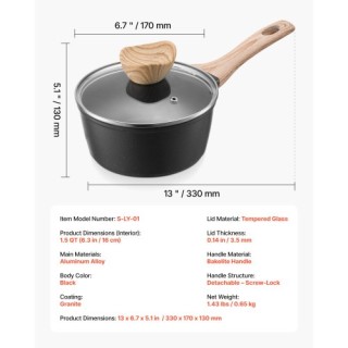 VEVOR Μαύρο Αντικολλητικό Σκεύος 1.5 QT με Γυάλινο Καπάκι & Αποσπώμ... VEVOR Μαύρο Αντικολλητικό Σκεύος 1.5 QT με Γυάλινο Καπάκι & Αποσπώμ...