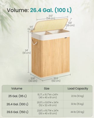 Songmics Καλάθι Απλύτων Μπαμπού 100 L με 2 Θήκες, Καπάκι και Αφαιρο...