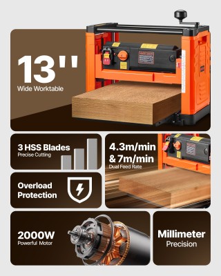 VEVOR Διταχυτή Πλανιστική Μηχανή Ξύλου, Εύρος 330 mm, Ισχύς 2000W T...