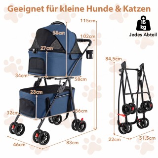 Costway Διπλό αναδιπλούμενο καρότσι κατοικιδίων 3 σε 1 με 2 αποσπώμ...